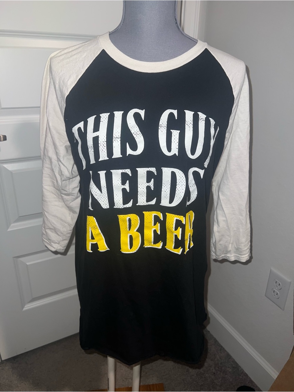 Black & White Raglan Shirt "This Guy Needs A Beer"